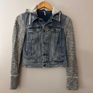 Free People Womens XS Distressed Denim Hoodie Jacket Grey Knit Sleeves Trendy